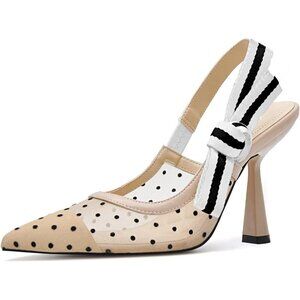 🆕Women Cream Heels Pointed Toe High Heels Bowknot Knitted Dress Pumps Shoes